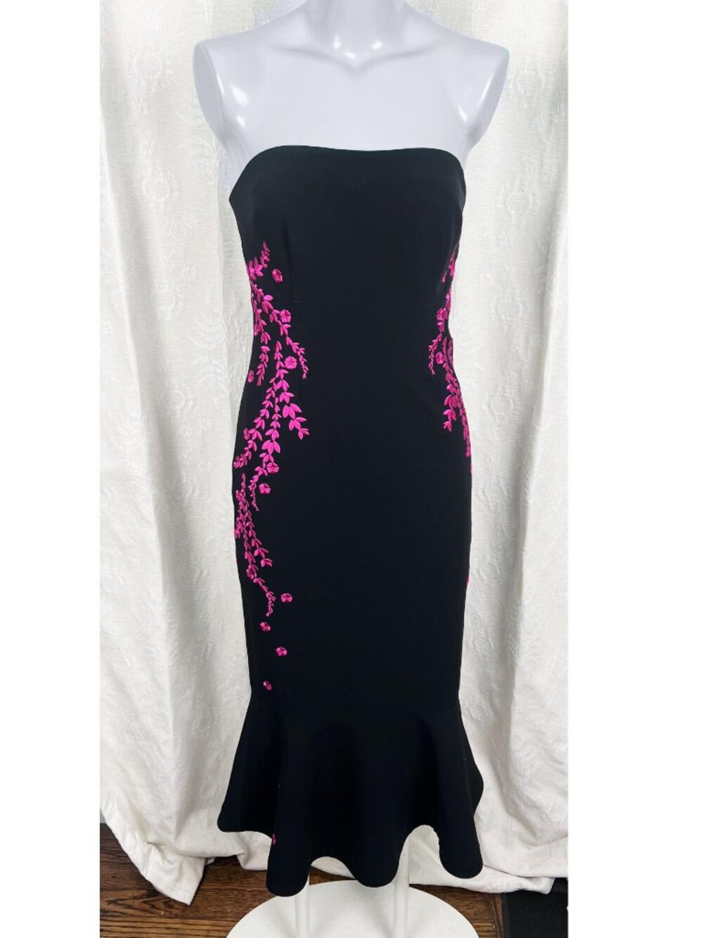 Cinq a Sept Luna embroidered strapless midi dress black pink flounce hem formal